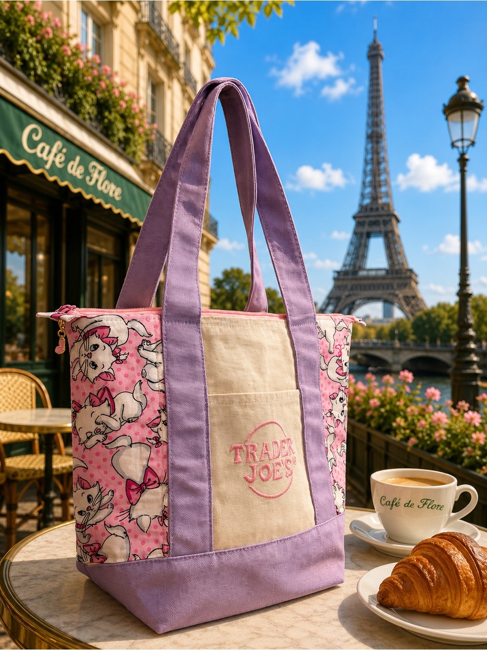 Trader Joe’s Mini Lavender Canvas Tote Bag with Marie Aristocats Theme